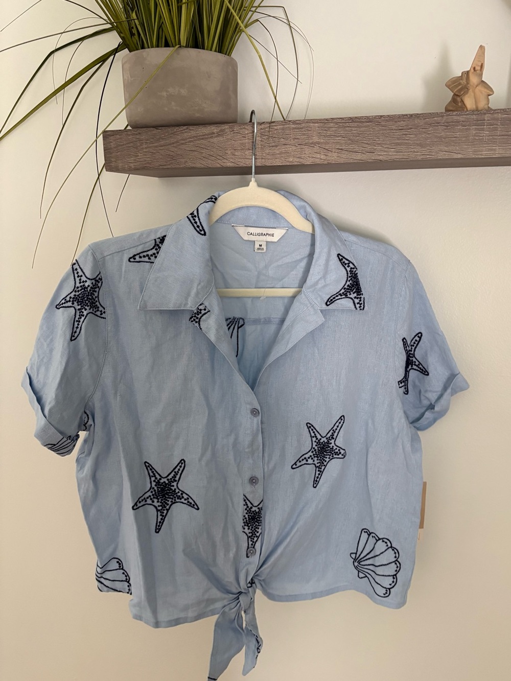 Calypso Light Blue Starfish Tie-Front embroidered Button-Down Shirt